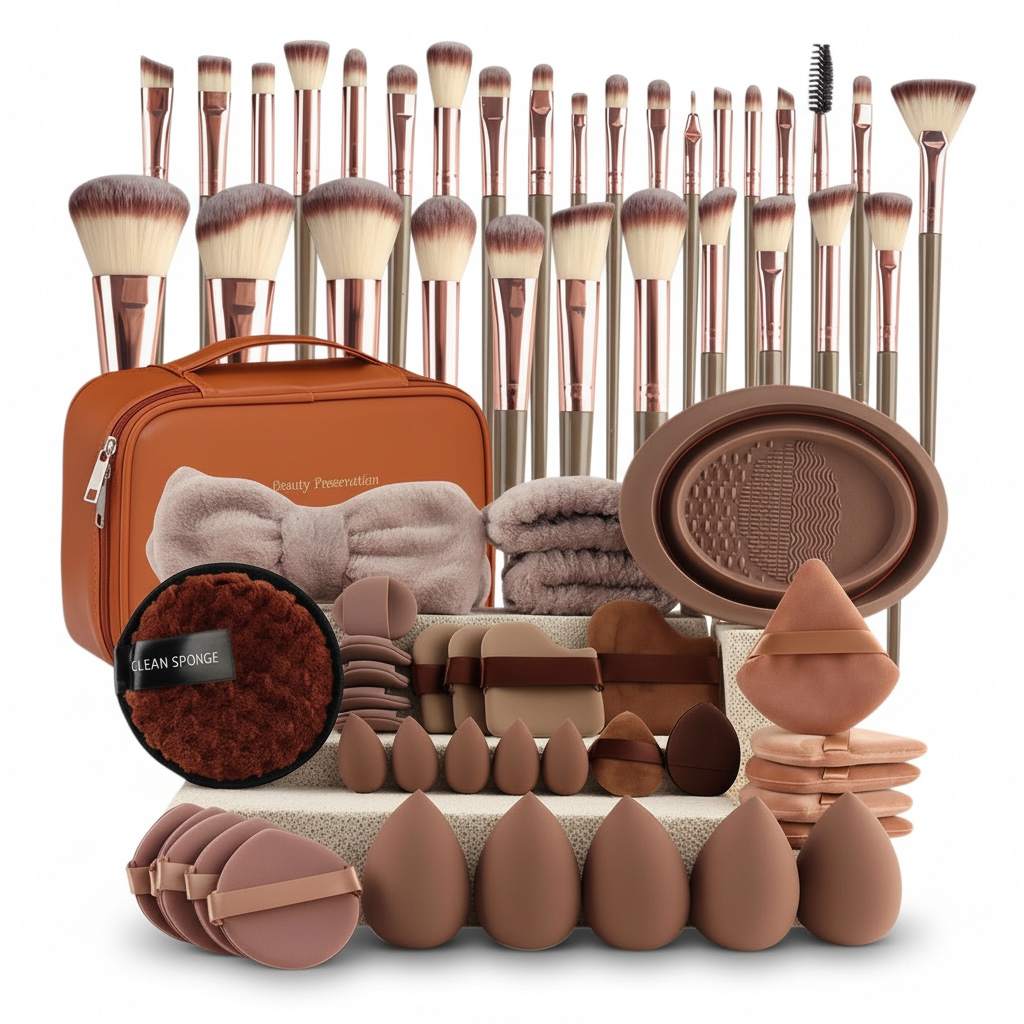 67-Piece Professional Makeup Brush & Puff Set – 30 Brushes, 37 Sponges with Cosmetic Bag & Brush Roll
