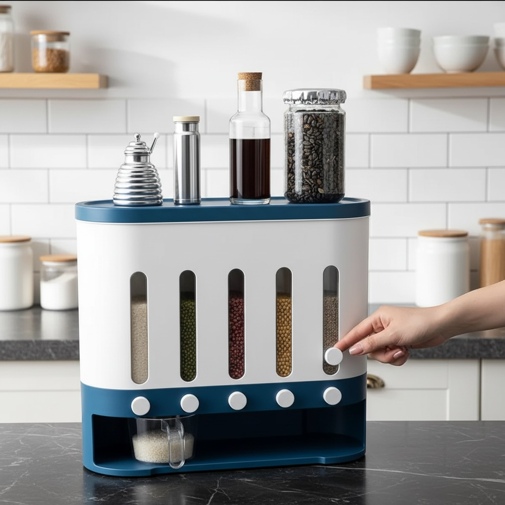 Wall-Mounted Rice & Grain Dispenser – 5-Compartment Sealed Kitchen Storage Organizer