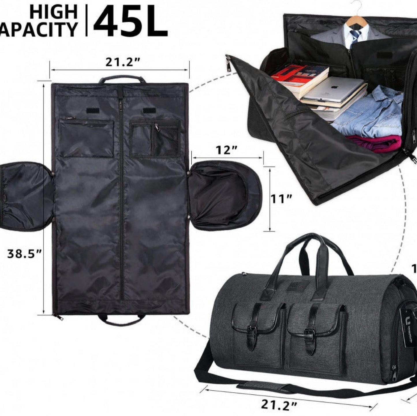 Convertible Garment Travel Bag & Backpack – 2-in-1 PU Leather Carry-On Suit Bag (36–55L)