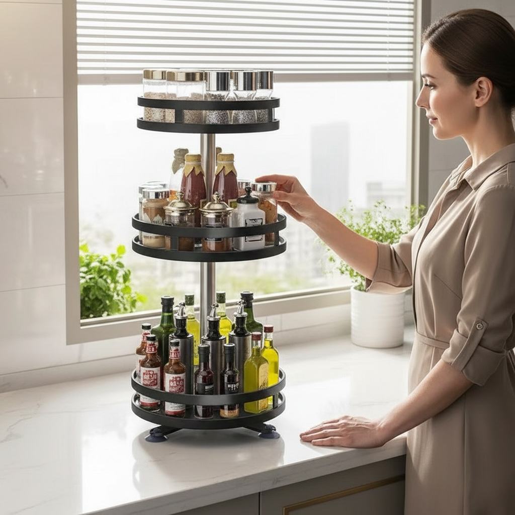 360° Rotating Seasoning Rack – Space-Saving Spice Organizer, Single/Double/Three-Layer