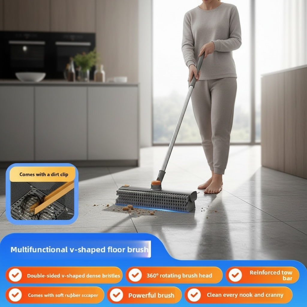Long Handle Floor Scrub Brush with Scraper – Hard Bristle Tile & Grout Cleaning Brush