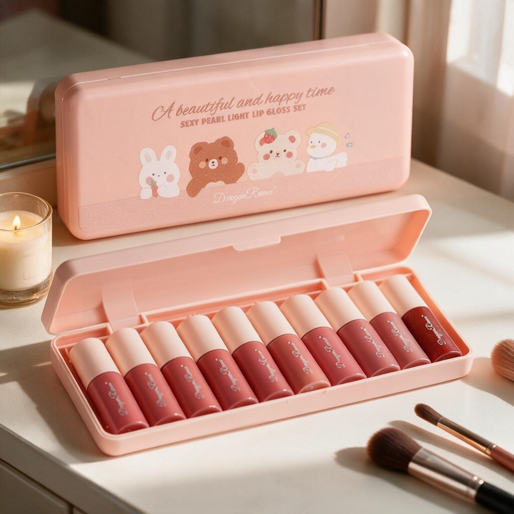 10-Piece Cartoon Lip Gloss Set with Mirror | Hydrating Shimmer Gift