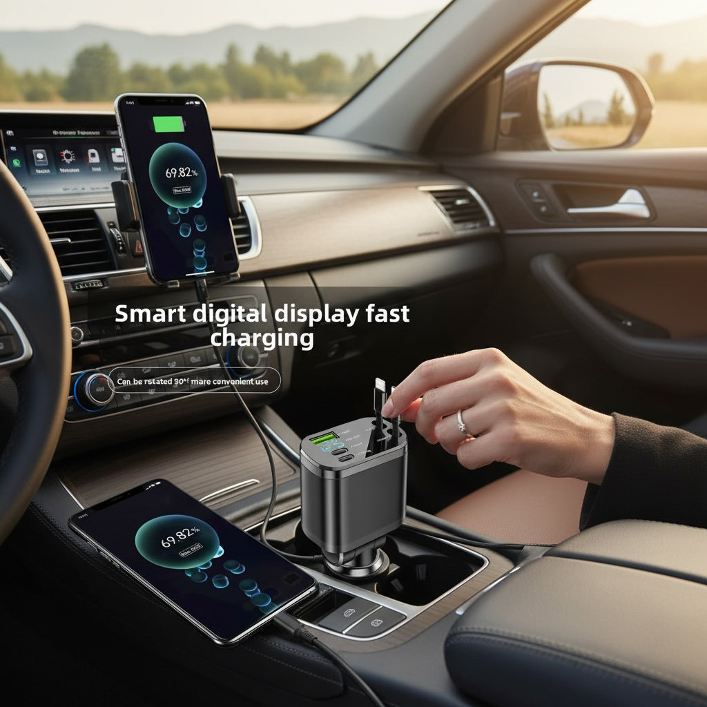 5-in-1 Car Charger with Retractable Cable & LED Display