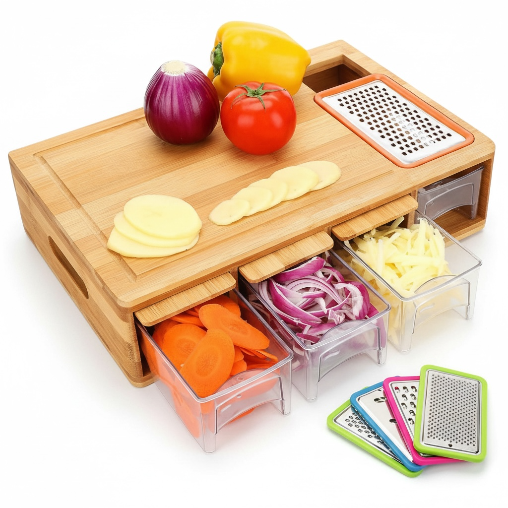 Multi-Functional Wooden Cutting Board with Drawer & Grater