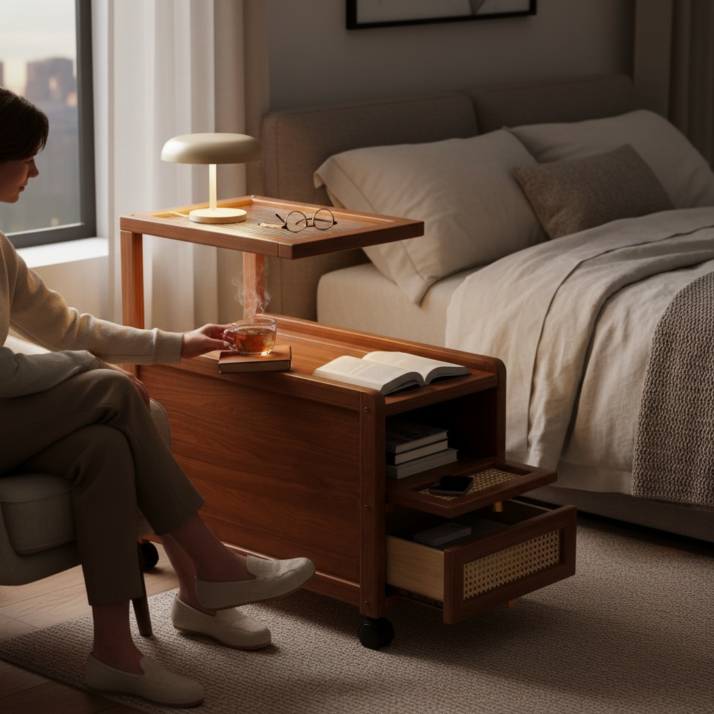 Narrow Bedside Table with Storage Shelf