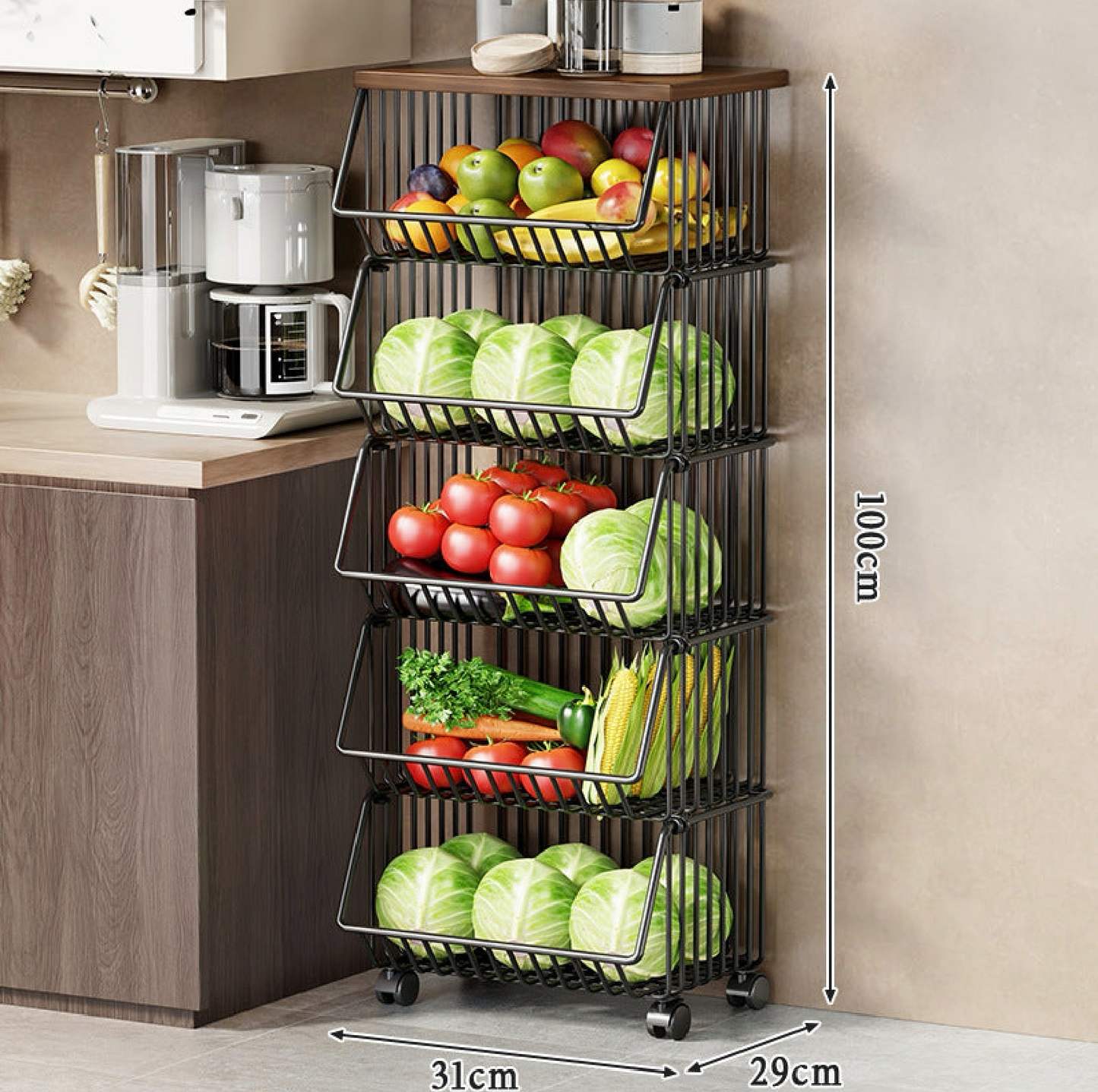 Multi-Layer Kitchen Storage Rack with Wheels – Fruit & Vegetable Organizer, 1–5 Tiers