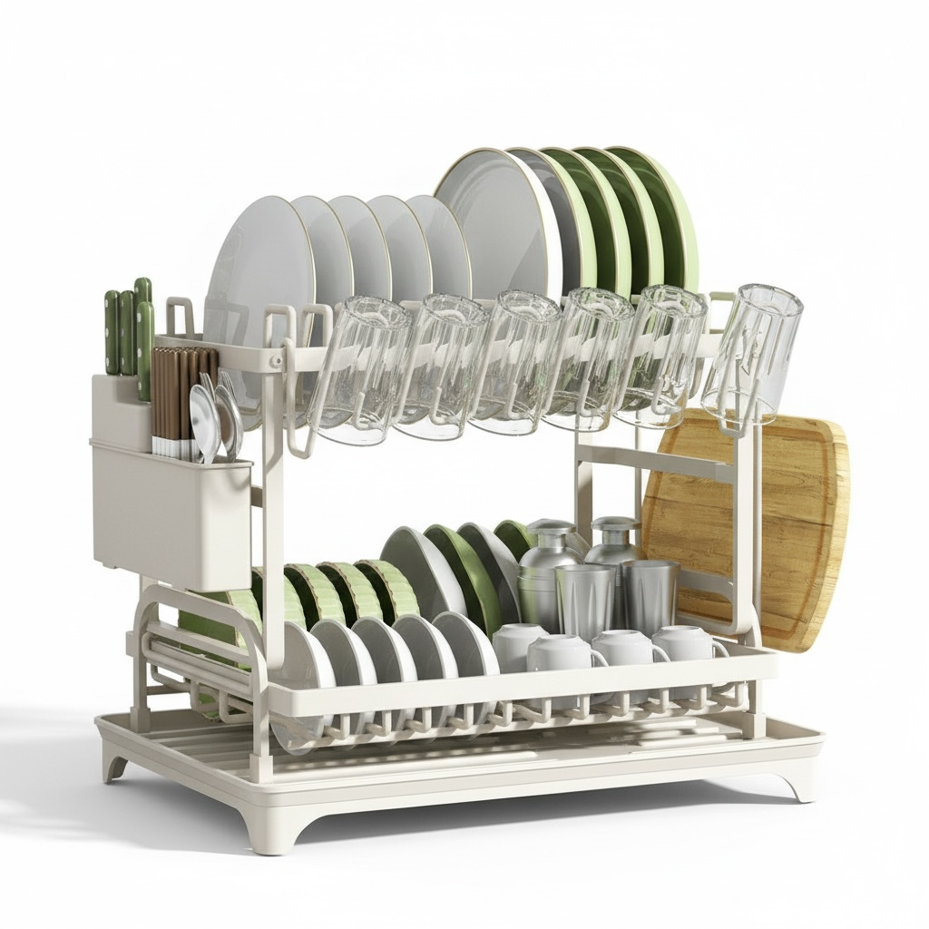 Double-Layer Self-Draining Dish Rack – Carbon Steel Countertop Kitchen Drying Rack