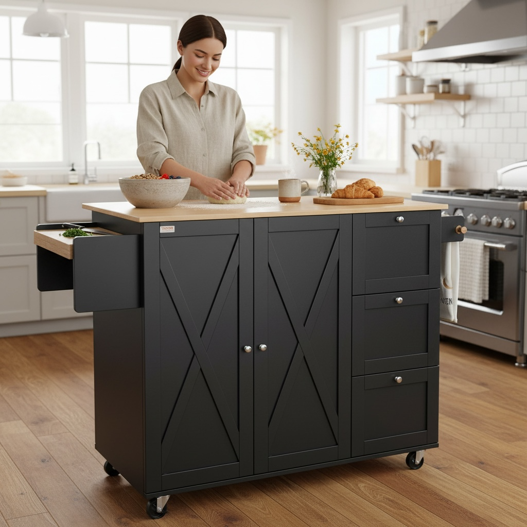 Rolling Kitchen Island Cart – Storage Cabinet & Shelves