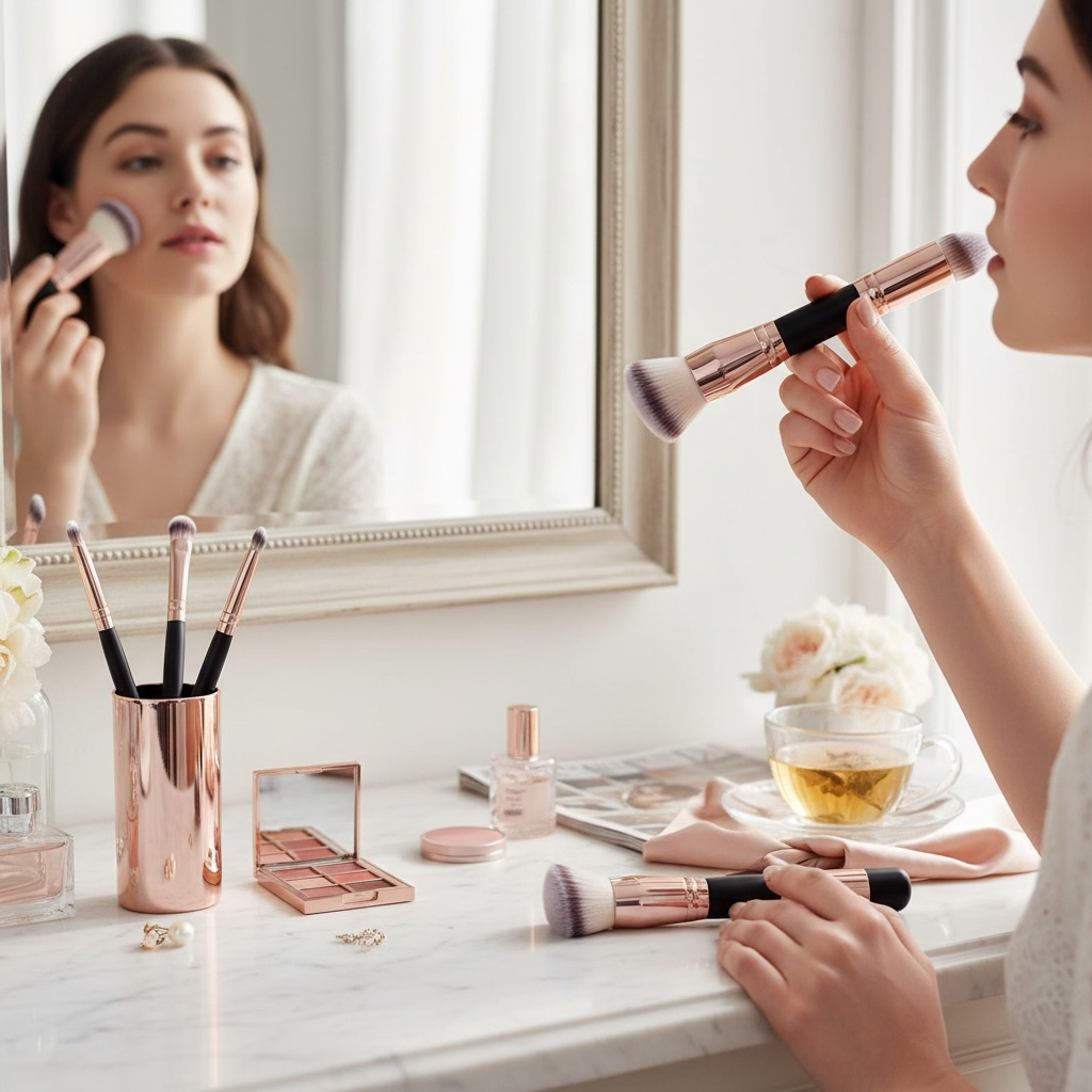 Double-Ended Makeup Brush Set (4-Piece) – Professional Foundation, Blush, Powder & Concealer Brushes