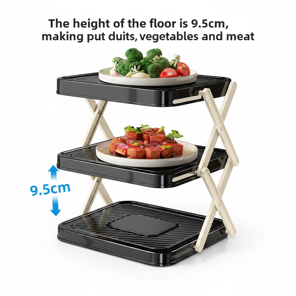 Foldable 3-Tier Kitchen Counter Rack – Space-Saving Fruit, Vegetable & Dish Organizer