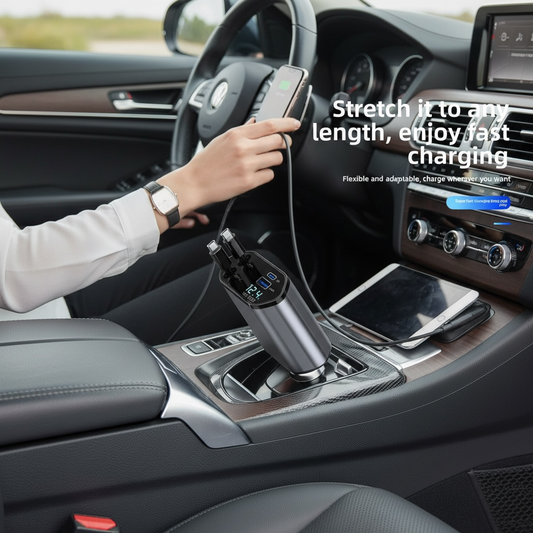 5-in-1 Car Charger with Retractable Cable & LED Display