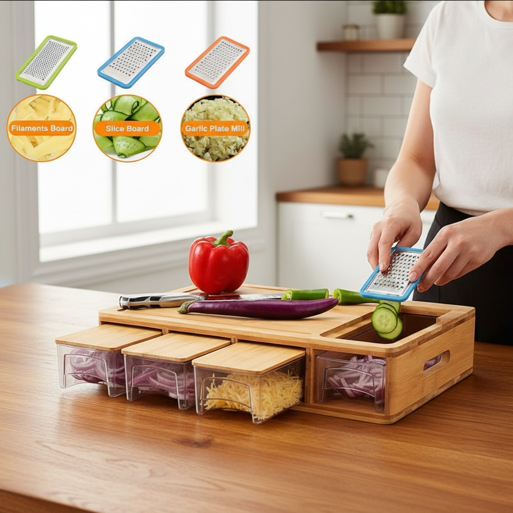 Multi-Functional Wooden Cutting Board with Drawer & Grater
