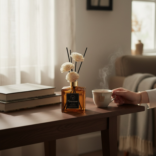 Aromatherapy essential oil bottle on bathroom vanity
