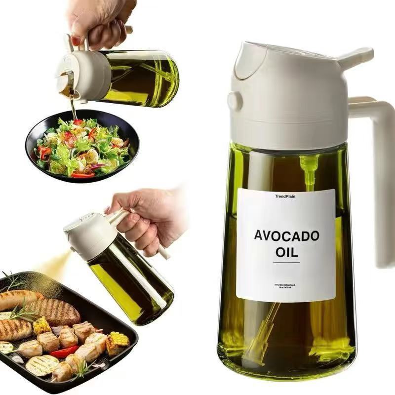 Top view of 2-in-1 oil sprayer and pour bottle on kitchen table